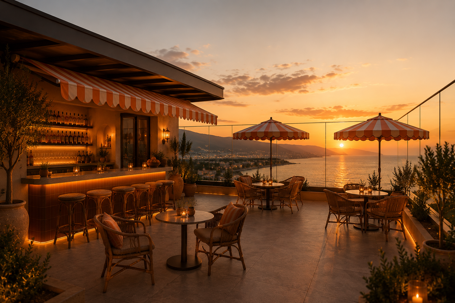 Spritz Club bar and terrace at golden hour