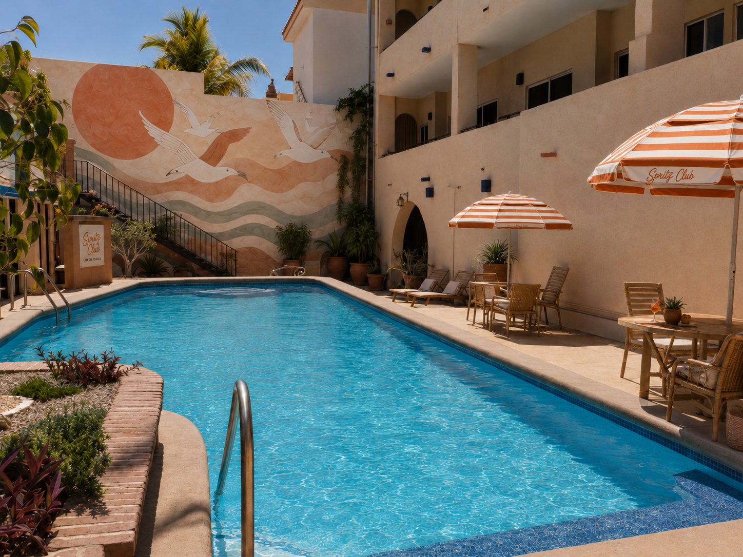 The Spritz Club pool, with striped umbrellas and the seaside mural