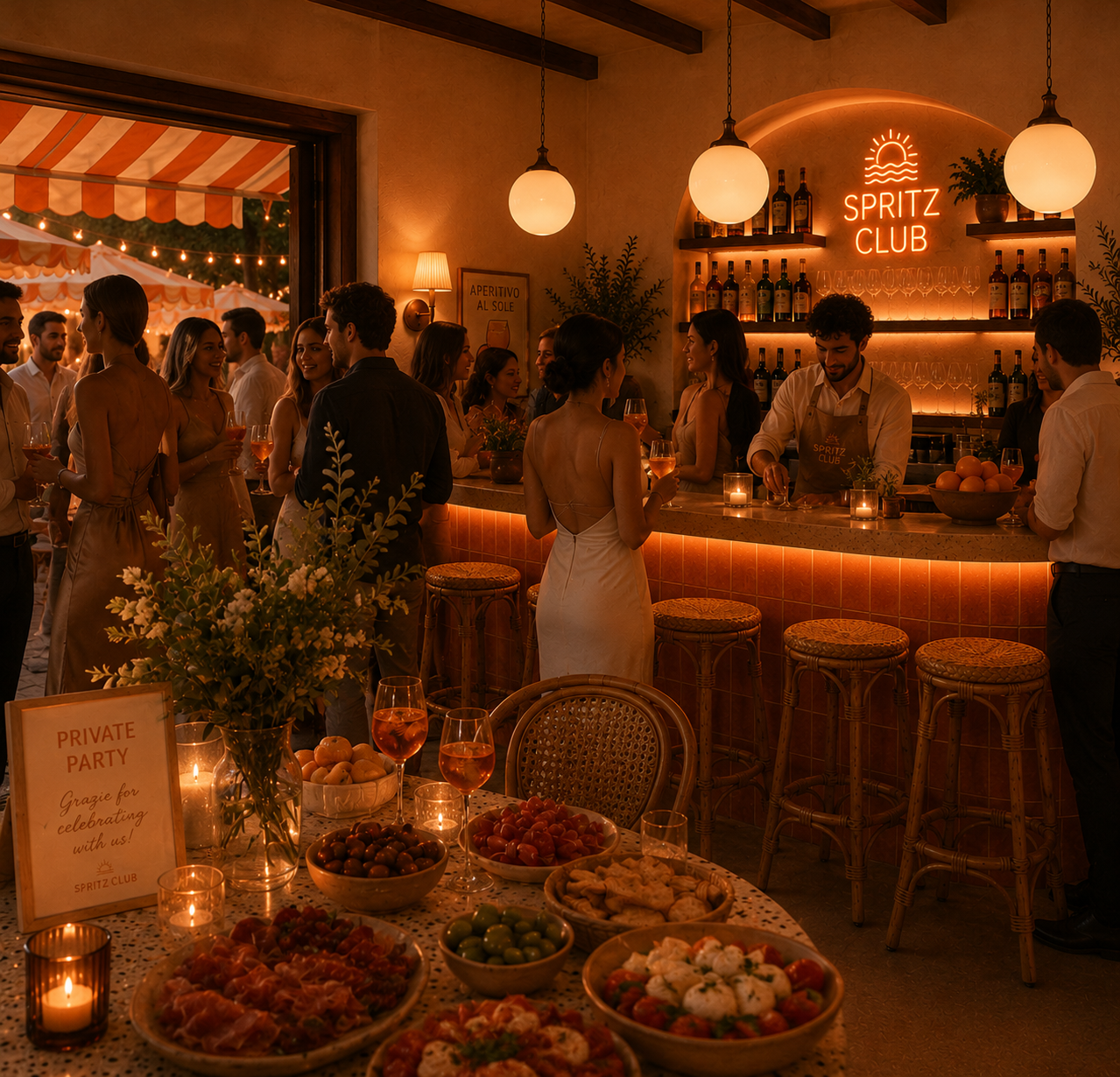 A private party at Spritz Club — food spread, candles and a full room