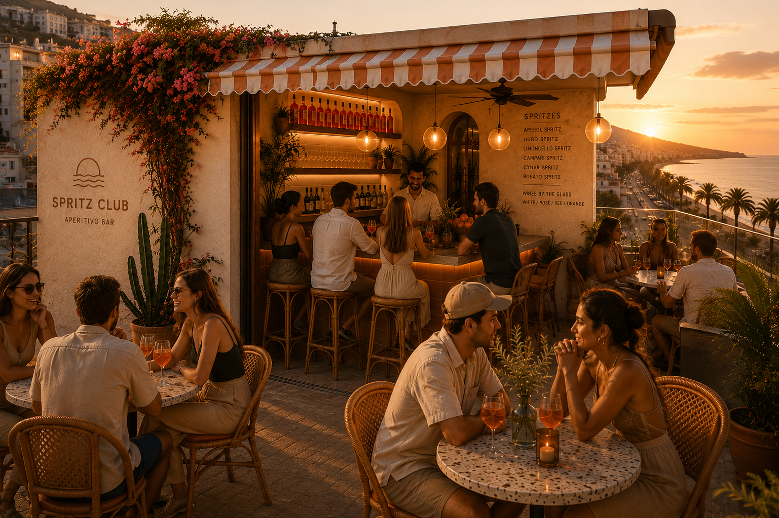 A private party filling the Spritz Club rooftop at sunset
