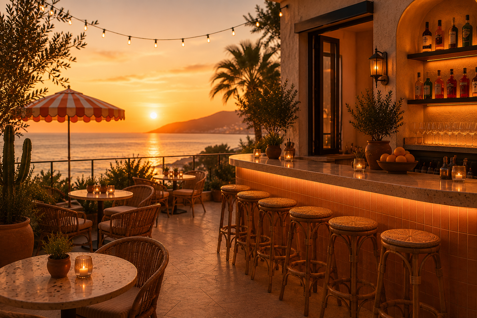 Spritz Club rooftop bar at sunset over the bay