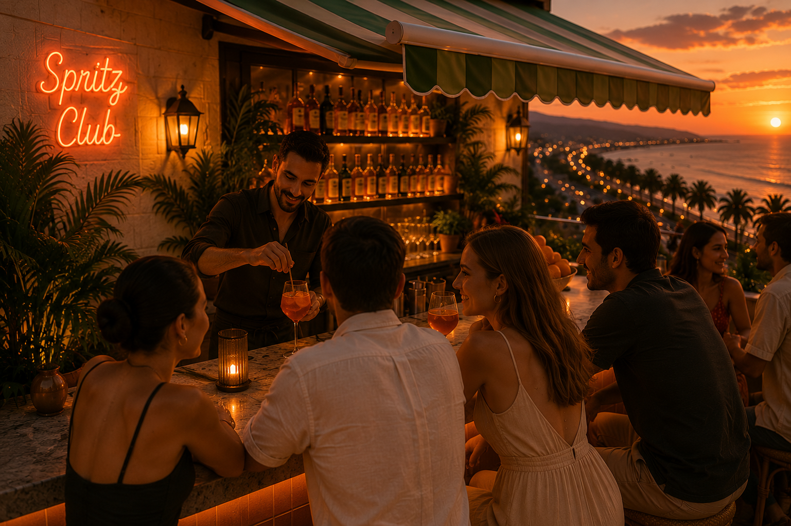 Guests gathered at the rooftop bar at sunset