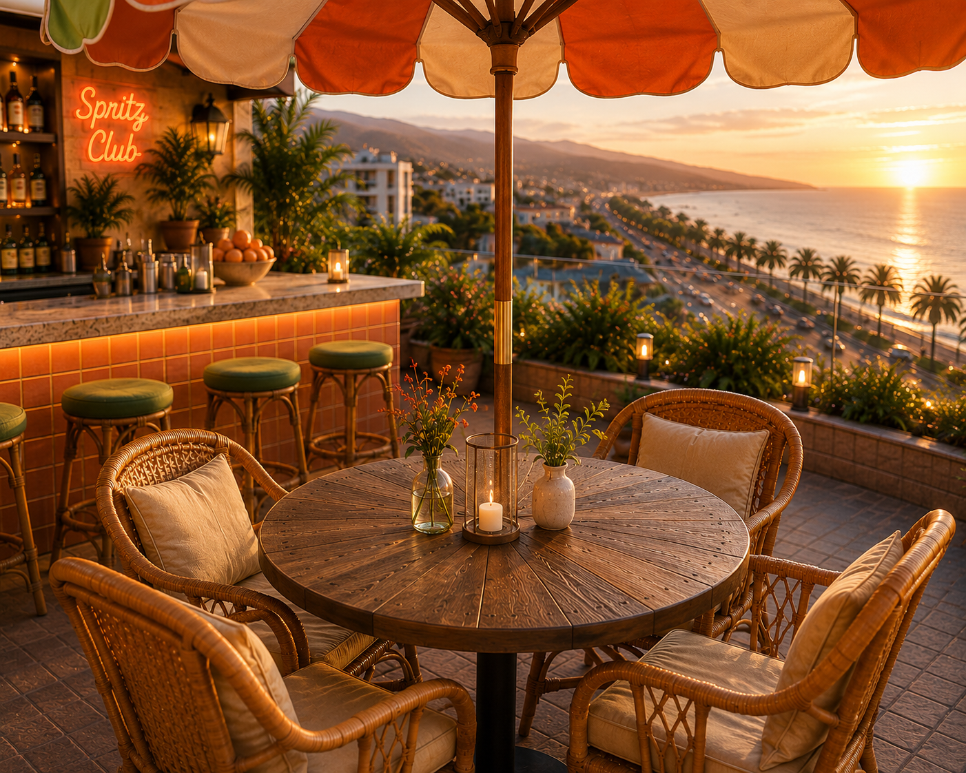 Covered rooftop table under an umbrella at sunset, overlooking the bay