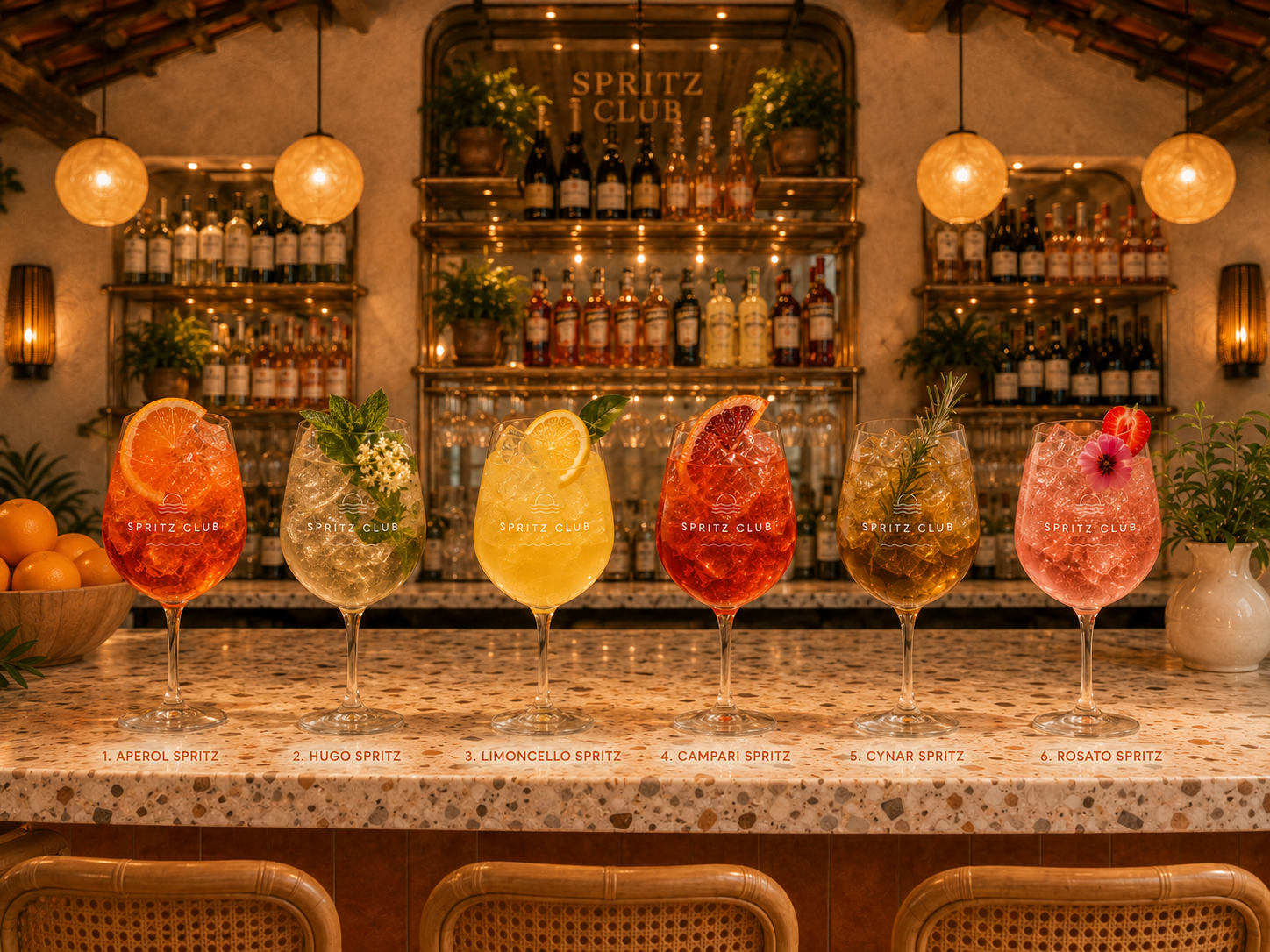 The six Spritz Club spritzes, lined up on the bar